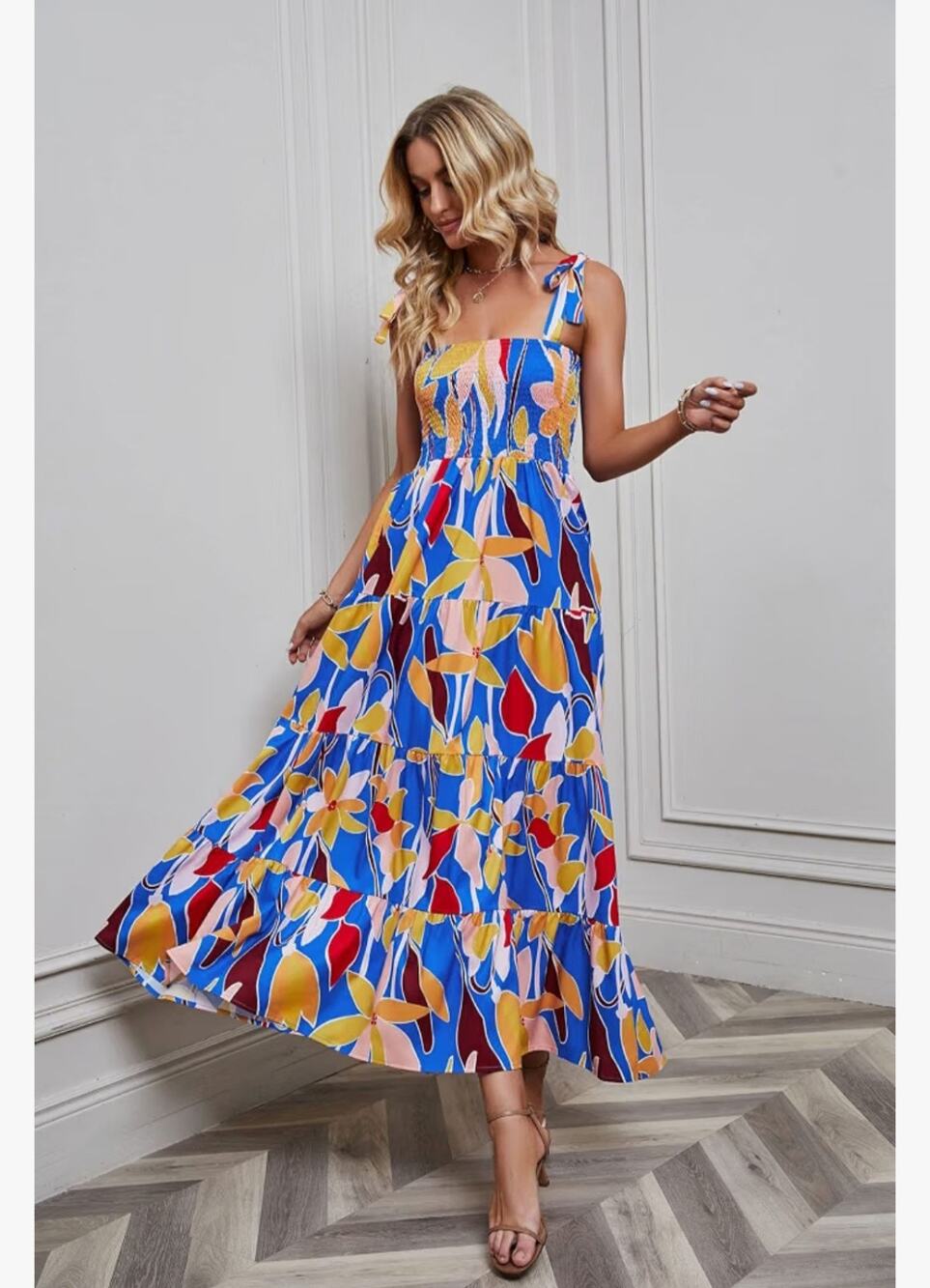 #280 NWOT KINSTELL SUMMER BOHO ABSTRACT FLORAL SMOCKED MAXI DRESS ♡SIZE XL♡